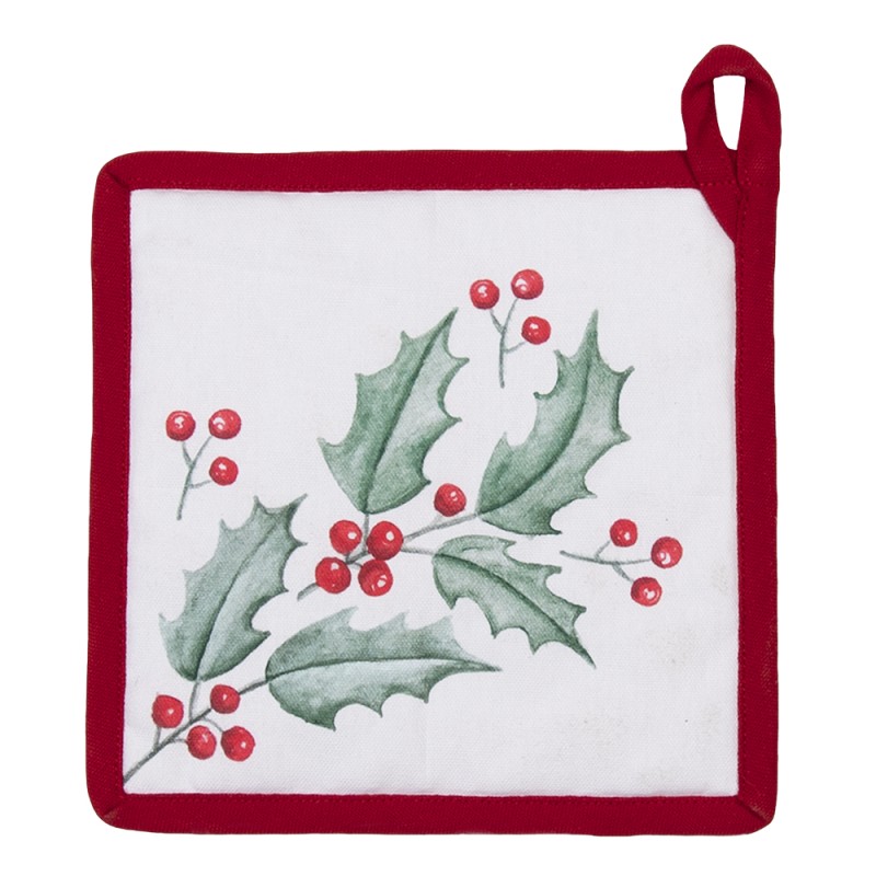 Clayre & Eef Pot Holder 20x20 cm White Red Cotton Square Holly Leaves
