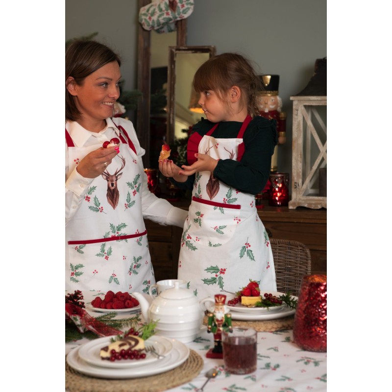 Clayre & Eef Pot Holder 20x20 cm White Red Cotton Square Holly Leaves