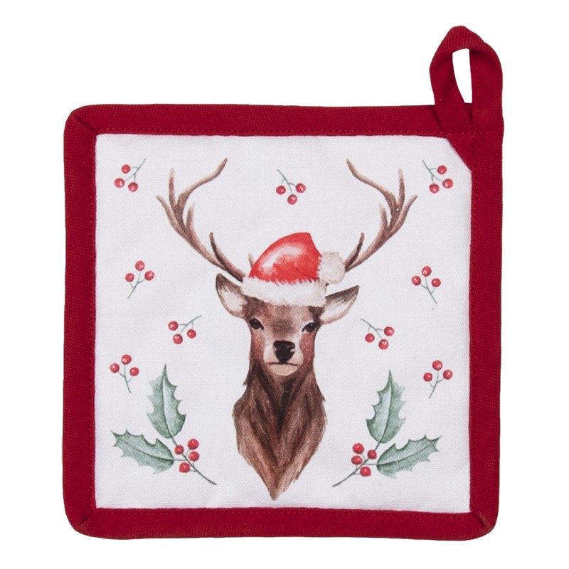 Clayre & Eef Kids' Pot Holder 16x16 cm White Red Cotton Deer Holly Leaves