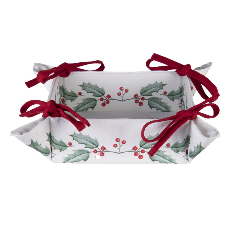 Clayre & Eef Bread Basket 35x35x8 cm White Red Cotton Square Holly Leaves
