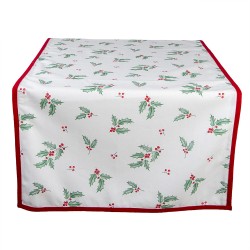 Clayre & Eef Chemin de table de Noël 50x140 cm Blanc Rouge Coton Rectangle Feuilles de houx