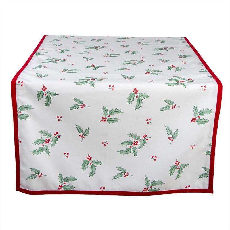 Clayre & Eef Weihnachtlicher Tischläufer 50x140 cm Weiß Rot Baumwolle Rechteck Stechpalmenblätter
