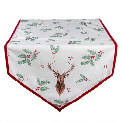 Clayre & Eef Chemin de table de Noël 50x160 cm Blanc Rouge Coton Cerf feuilles de houx