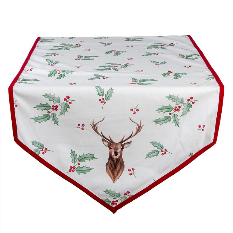 Clayre & Eef Christmas Table Runner 50x160 cm White Red Cotton Deer Holly Leaves