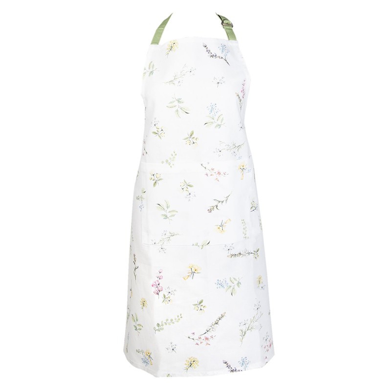 Clayre & Eef Kitchen Apron 70x85 cm White Green Cotton Flowers