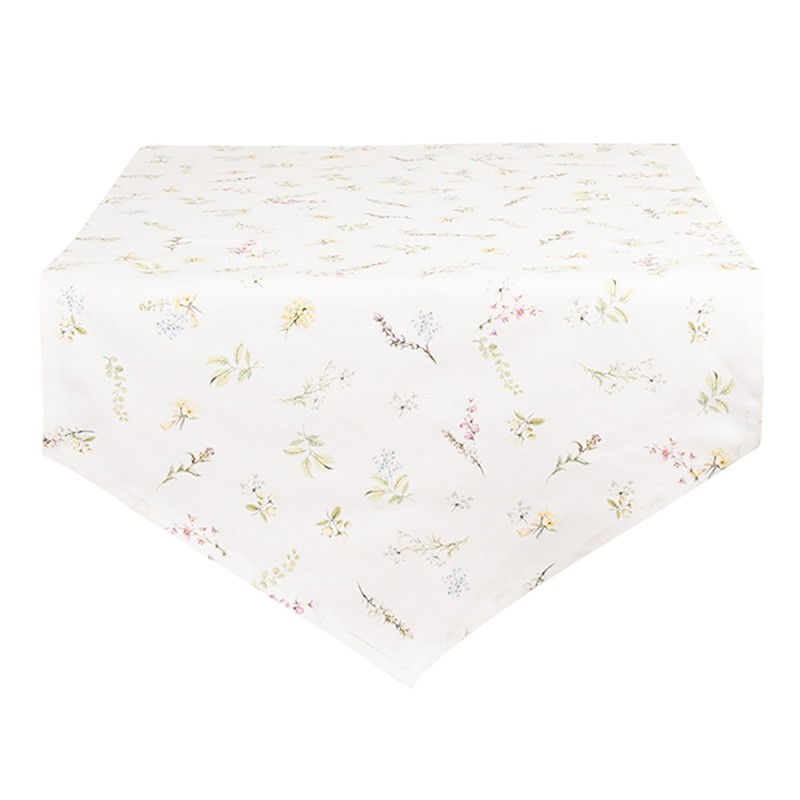 Clayre & Eef Table Runner 50x160 cm White Pink Cotton Flowers