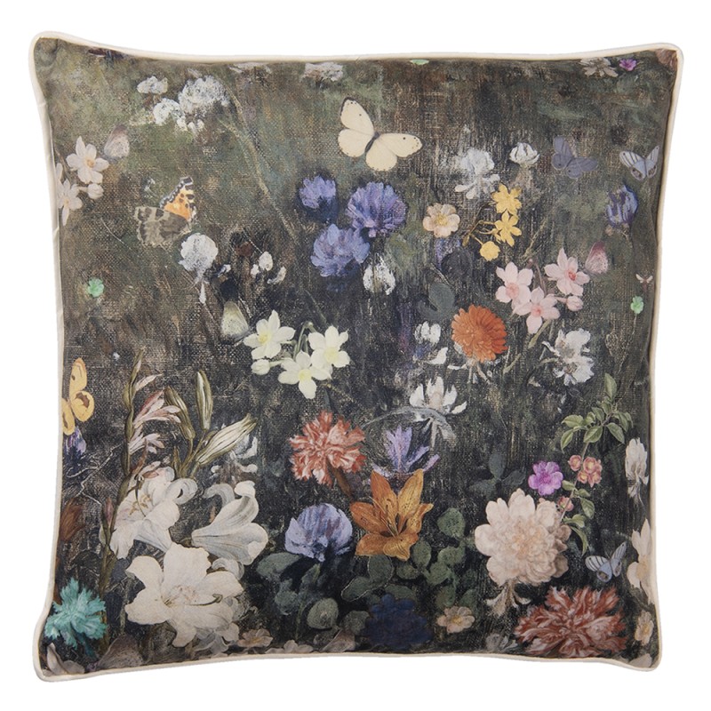 Clayre & Eef Decorative Cushion 45x45 cm Green Synthetic Square Flowers