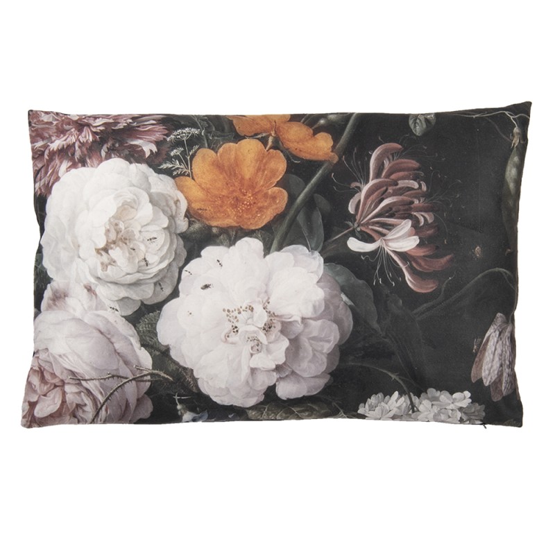 Clayre & Eef Sierkussen  60x40 cm Zwart Wit Polyester Rechthoek Bloemen