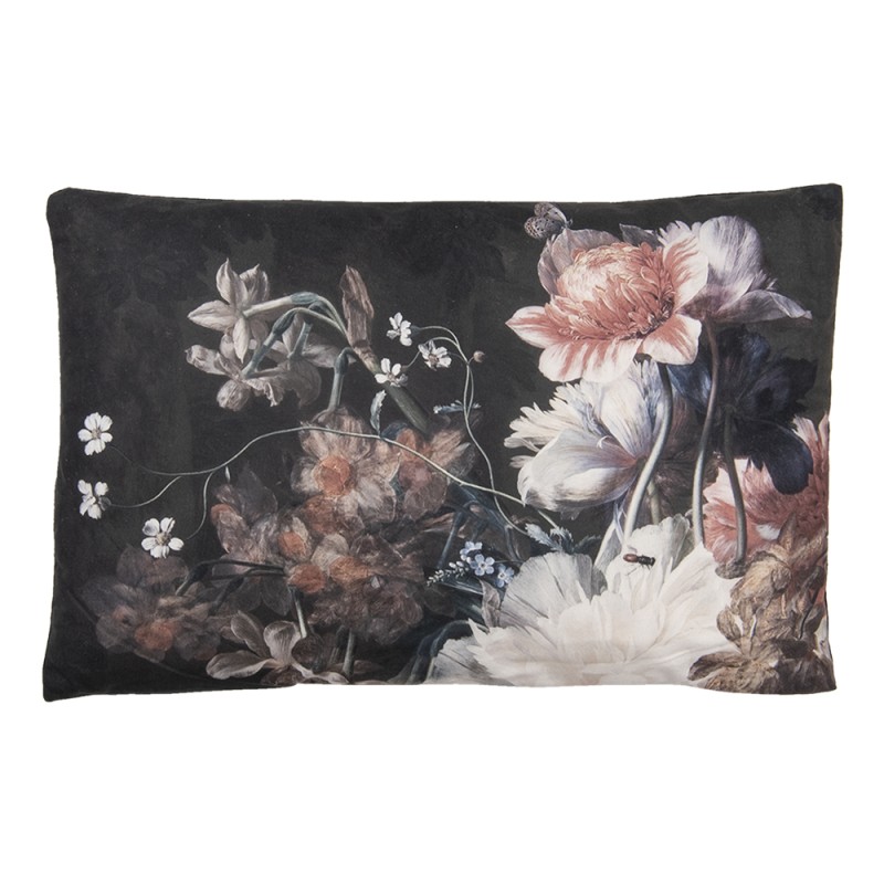 Clayre & Eef Decorative Cushion 60x40 cm Black White Polyester Rectangle Flowers