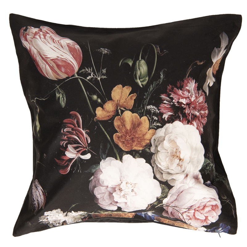 Clayre & Eef Cushion Cover 45x45 cm Black Red Polyester Square Flowers