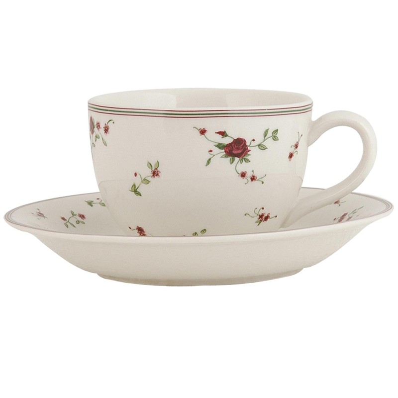 Clayre & Eef Cup and Saucer 200 ml Beige Ceramic Round Flowers