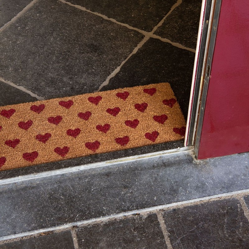 Clayre & Eef Door Mat 75x22 cm Red Rubber Coconut Fiber Rectangle Heart