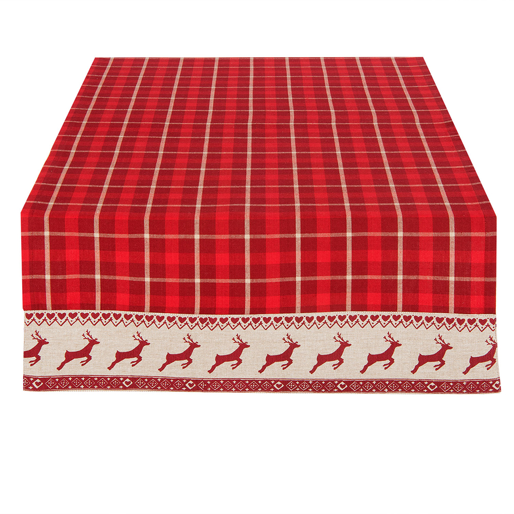Clayre&Eef Tafelloper 50x140 cm Rood Beige Katoen Hert en Kerst afbeelding