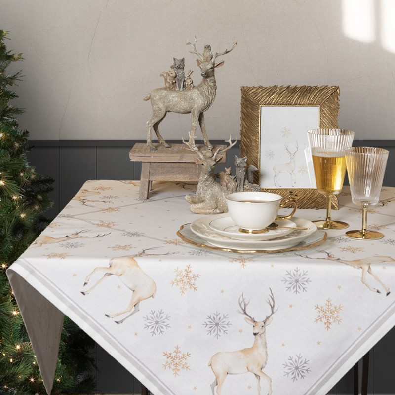 Clayre & Eef Tafelkleed  100x100 cm Wit Beige Katoen Vierkant Hert en Kerst