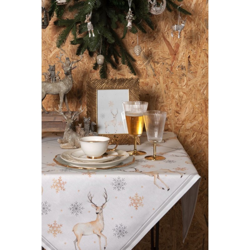 Clayre & Eef Tischdecke 100x100 cm Weiß Beige Baumwolle Quadrat Hirsch und Weihnachten