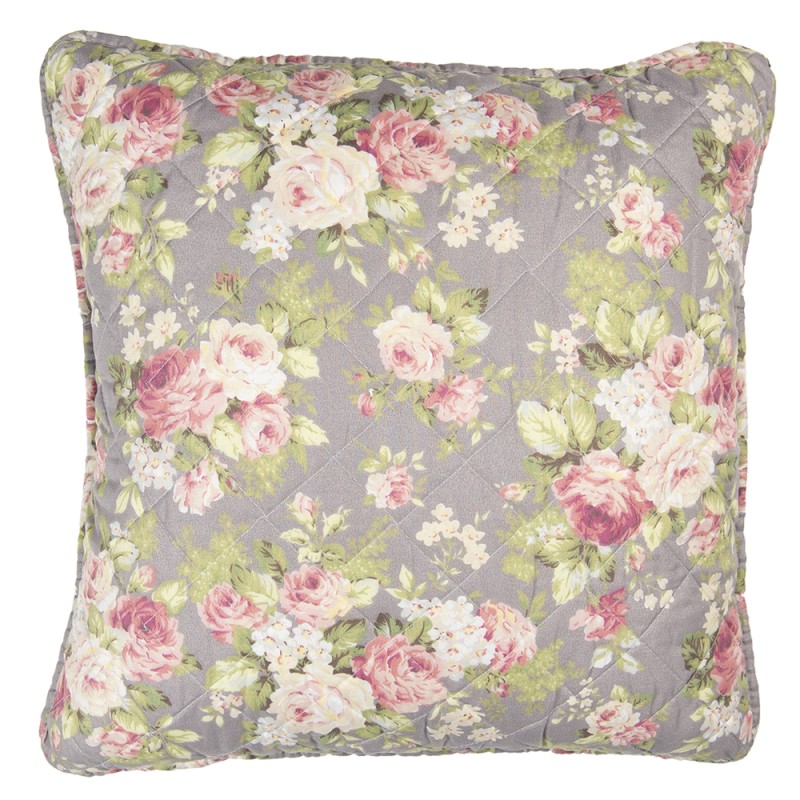 Clayre & Eef Kussenhoes  50x50 cm Grijs Groen Polyester Katoen Vierkant Bloemen