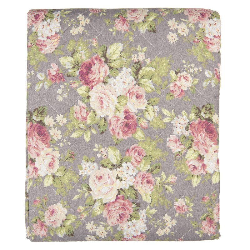 Clayre & Eef Bedspread 2-persoons Grey Green Polyester Cotton Rectangle Flowers