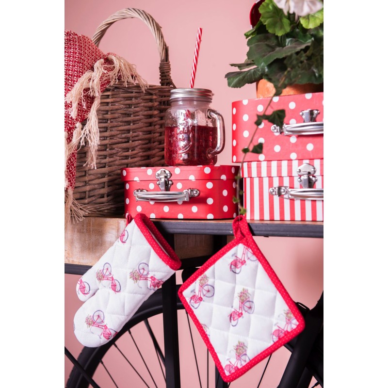 Clayre & Eef Ofenhandschuh 18x30 cm Rot Weiß Baumwolle Fahrrad
