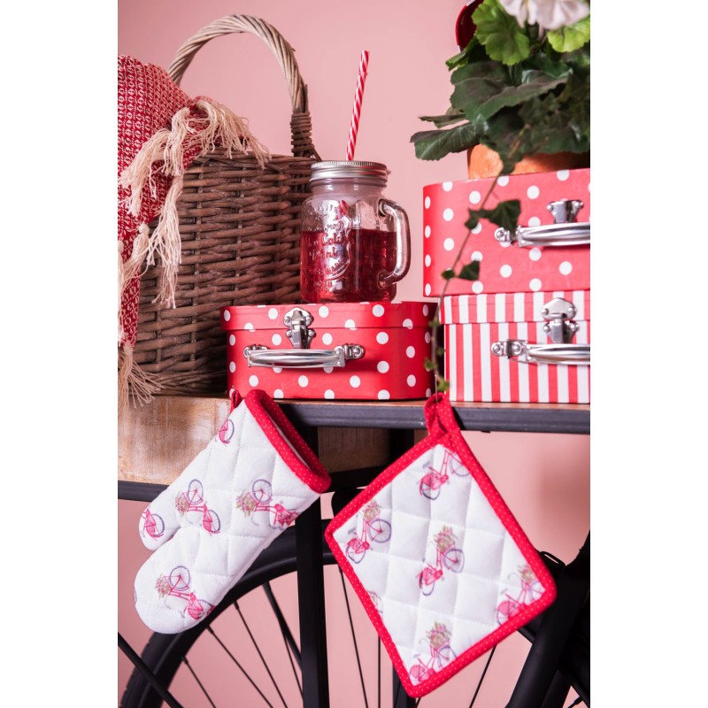 Clayre & Eef Children's Pot Holder 16x16 cm Red White Cotton Square Bicycle