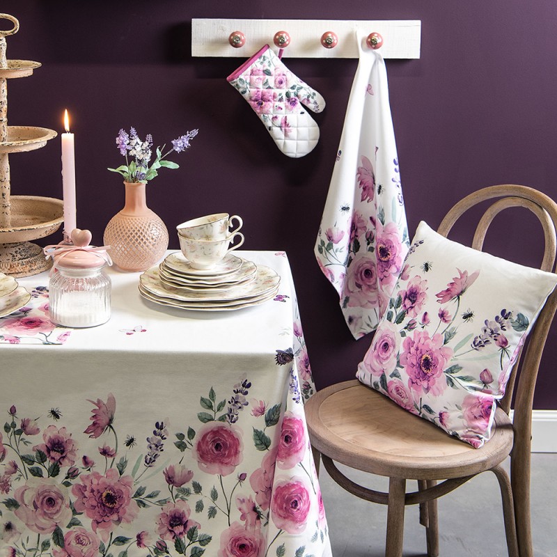 Clayre & Eef Tablecloth 100x100 cm White Purple Cotton Square Roses