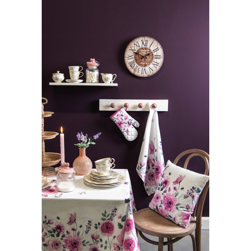 Clayre & Eef Tischdecke 100x100 cm Weiß Violett Baumwolle Quadrat Rosen