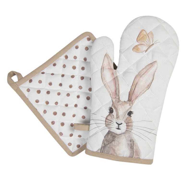 Clayre & Eef Manique de four 18x30 cm Blanc Marron Coton Lapin