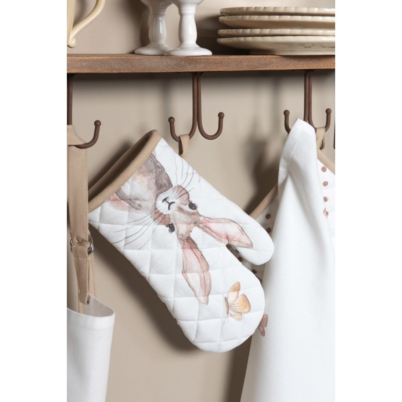 Clayre & Eef Oven Mitt 18x30 cm White Brown Cotton Rabbit