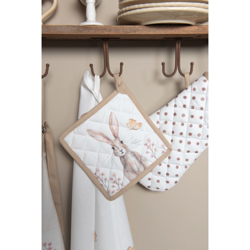 Clayre & Eef Pot Holder 20x20 cm White Brown Cotton Square Rabbit