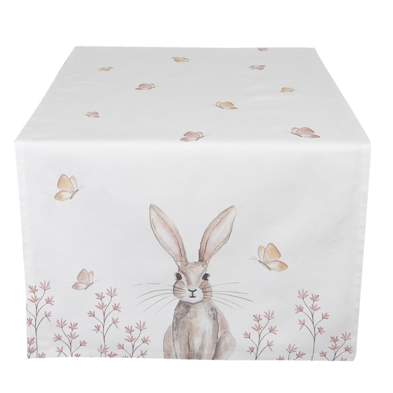 Clayre & Eef Table Runner 50x140 cm White Brown Cotton Rectangle Rabbit