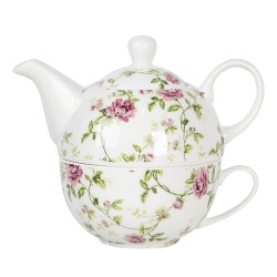 Clayre & Eef Tea for One  400 ml Wit Roze Porselein Rond Bloemen