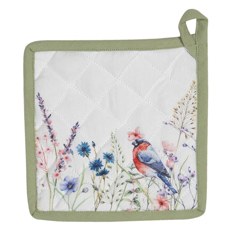 Clayre & Eef Pot Holder 20x20 cm White Green Cotton Square Flowers