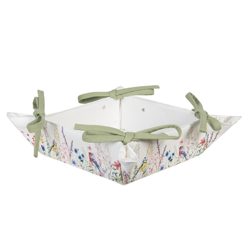 Clayre & Eef Bread Basket 35x35x8 cm White Green Cotton Square Flowers