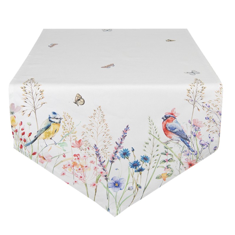 Clayre & Eef Tischläufer 50x160 cm Weiß Grün Baumwolle Blumen