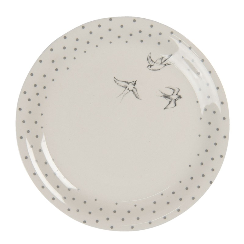 Clayre & Eef Piatto per la colazione Ø 20 cm Beige Grigio Ceramica Rotondo Uccelli