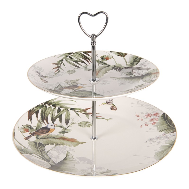 Clayre & Eef 2-Tiered Stand Ø 26x24 cm White Green Porcelain Round Birds