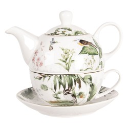 Clayre & Eef Tea for One 460 ml Blanc Vert Porcelaine Oiseaux