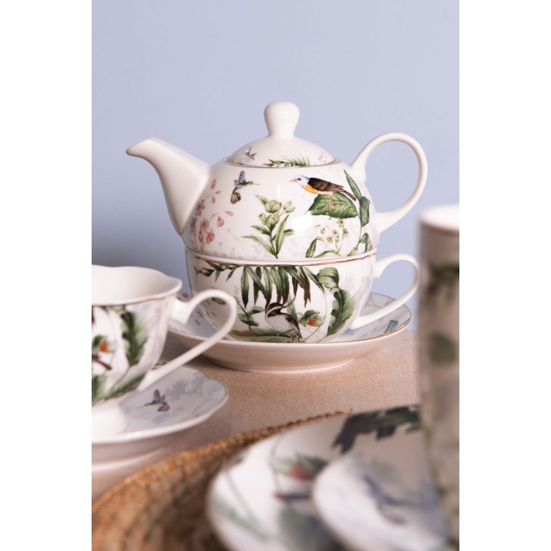 Clayre & Eef Tea for One 460 ml White Green Porcelain Birds