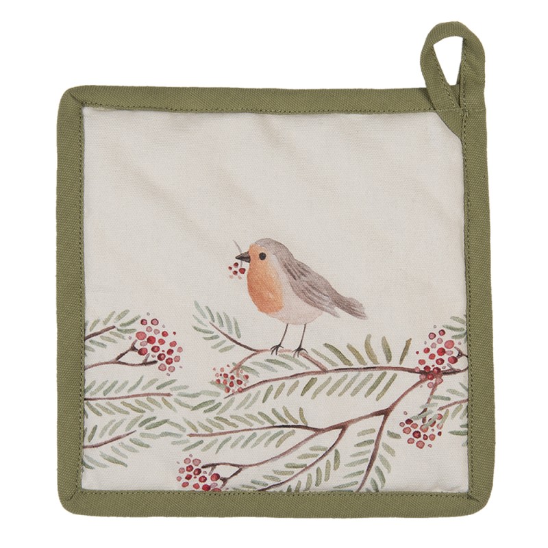 Clayre & Eef Pannenlap  20x20 cm Beige Groen Katoen Vogel