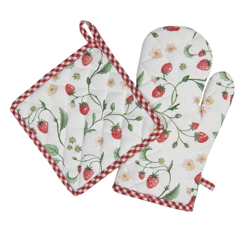 Clayre & Eef Oven Mitt 18x30 cm White Red Cotton Strawberries