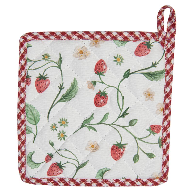 Clayre & Eef Pot Holder 20x20 cm White Red Cotton Square Strawberries