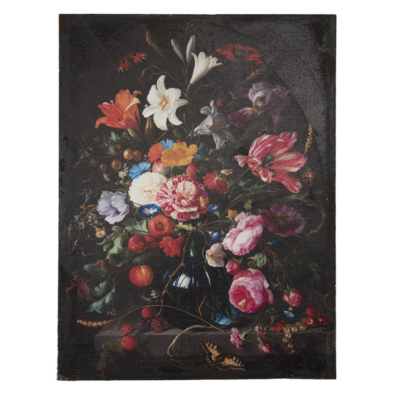 2Clayre & Eef Painting 50635 55*73 cm Black Pink Canvas Rectangle Flowers