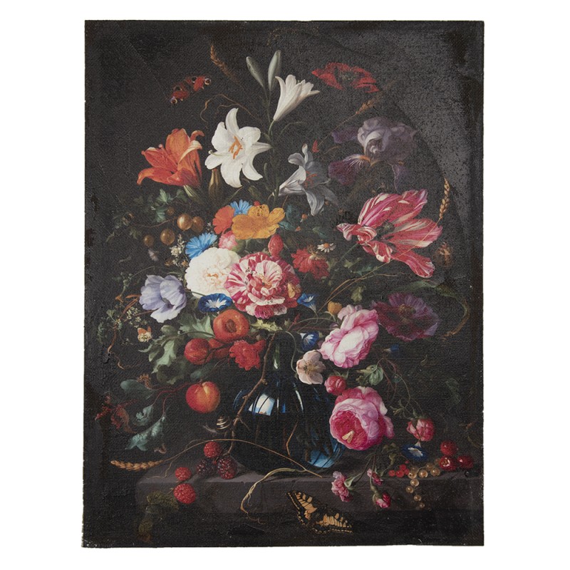 Clayre & Eef Painting 55x73 cm Black Pink Canvas Rectangle Flowers