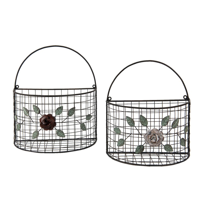 Clayre & Eef Storage Basket Set of 2 Grey Iron Flowers