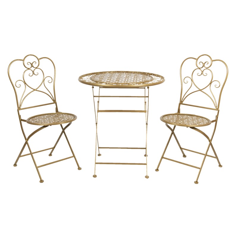 Clayre & Eef Bistro Set Bistro Table Bistro Chair Set of 3 Ø 70x75 Gold colored Iron Round