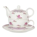 Clayre & Eef Tea for One  400 ml / 250 ml Wit Roze Porselein Rond