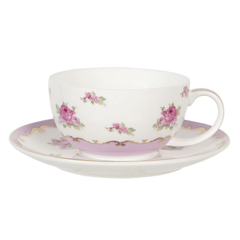 Clayre & Eef Tea for One 400 ml / 250 ml White Pink Porcelain Round