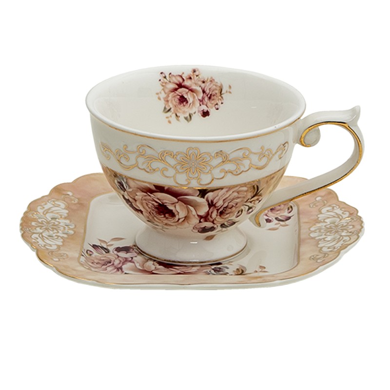 Clayre & Eef Cup and Saucer 200 ml Pink Beige Porcelain Round Flowers