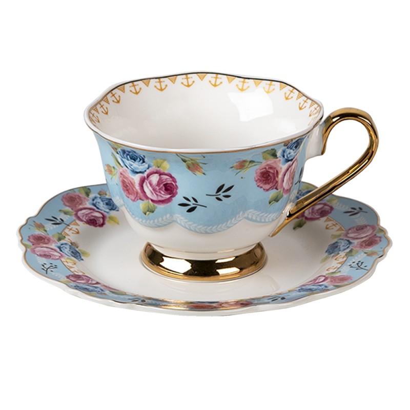 Clayre & Eef Cup and Saucer 160 ml Blue White Porcelain Round Flowers