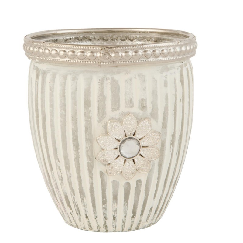 Clayre & Eef Glas Kerzenhalter Blumen Ø 7*8 cm Weiß Silberfarbig