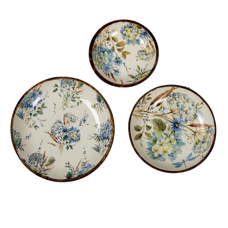 Clayre & Eef Serving Platter Ø 16x4 cm White Blue Wood Round Flowers